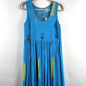 NEW Vasna Turquoise Smocked Dress Elephant Theme Size Medium Boho Beachy